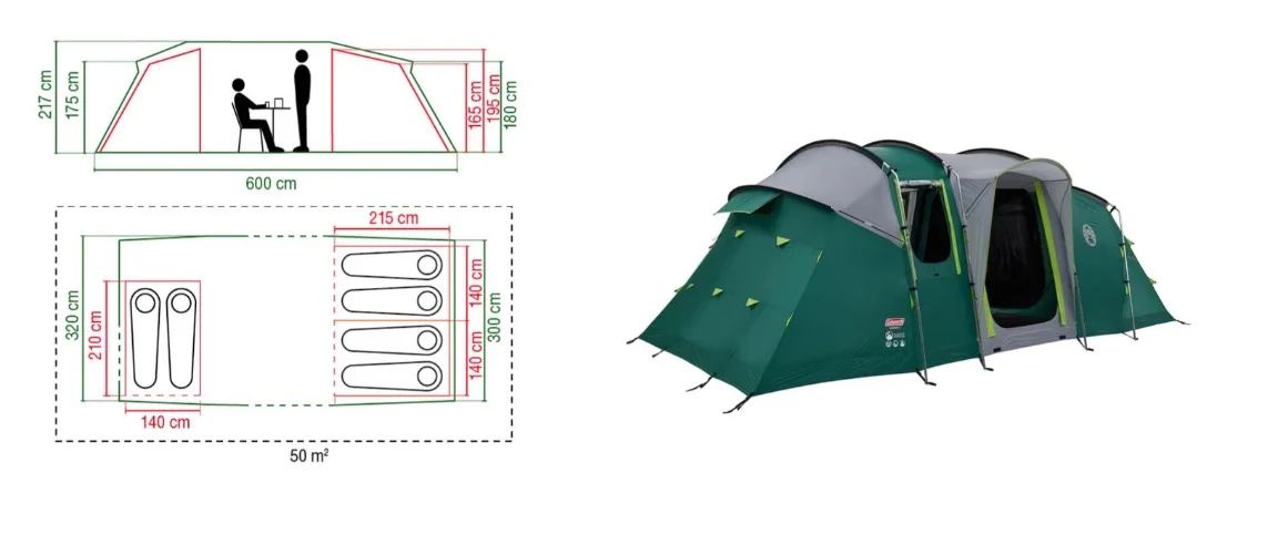 Floor plan of the tunnel tent for six: three sleeping cabins and a living space in the centre